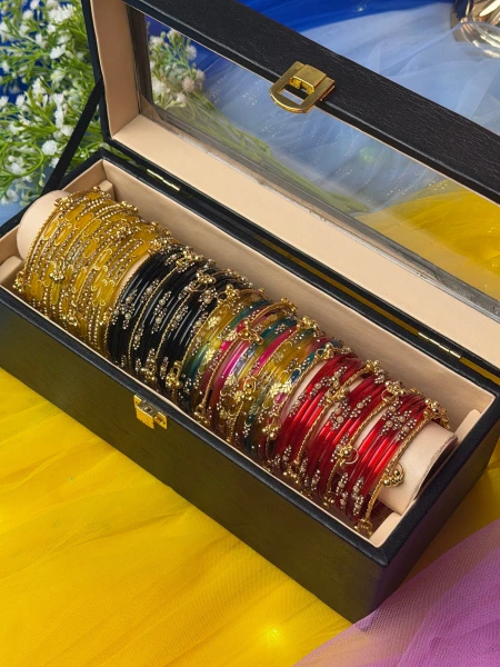 Kashmiri Premium 4 Set Bangle Collection Box – 48 Pcs Original Kashmiri Bangles + 16 Pcs Golden Ghungroo | Luxury Gift Box (Box included )