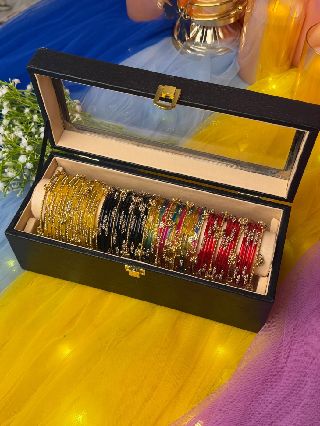 Kashmiri Premium 4 Set Bangle Collection Box – 48 Pcs Original Kashmiri Bangles + 16 Pcs Golden Ghungroo | Luxury Gift Box (Box included ) - 2