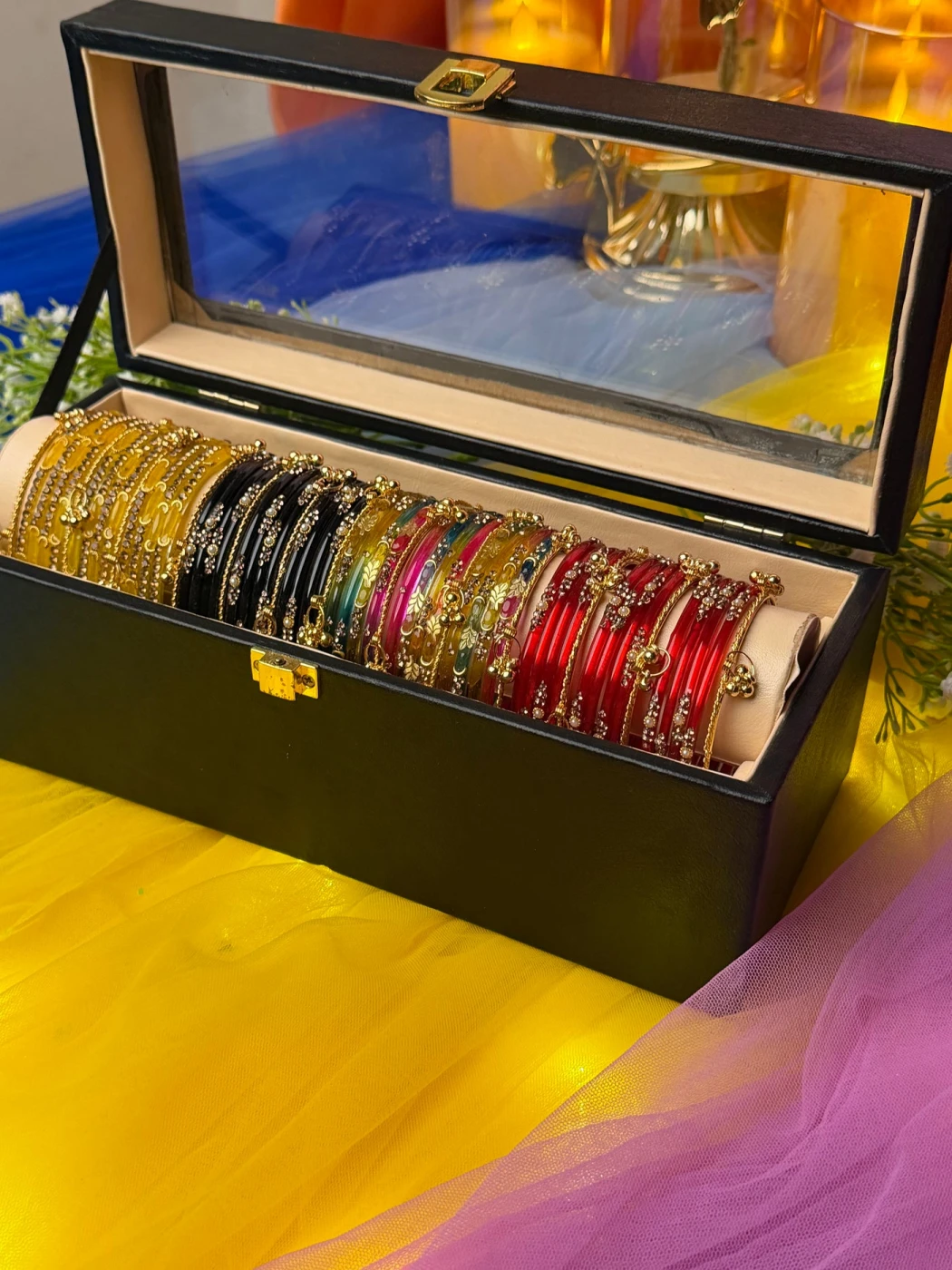 Kashmiri Premium 4 Set Bangle Collection Box – 48 Pcs Original Kashmiri Bangles + 16 Pcs Golden Ghungroo | Luxury Gift Box (Box included ) - 3