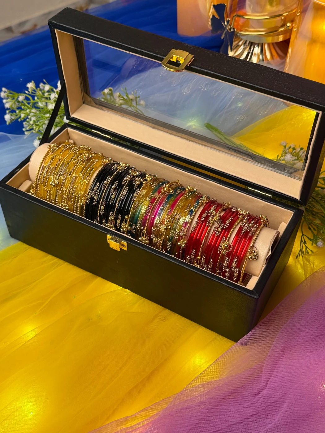 Kashmiri Premium 4 Set Bangle Collection Box – 48 Pcs Original Kashmiri Bangles + 16 Pcs Golden Ghungroo | Luxury Gift Box (Box included ) - 4