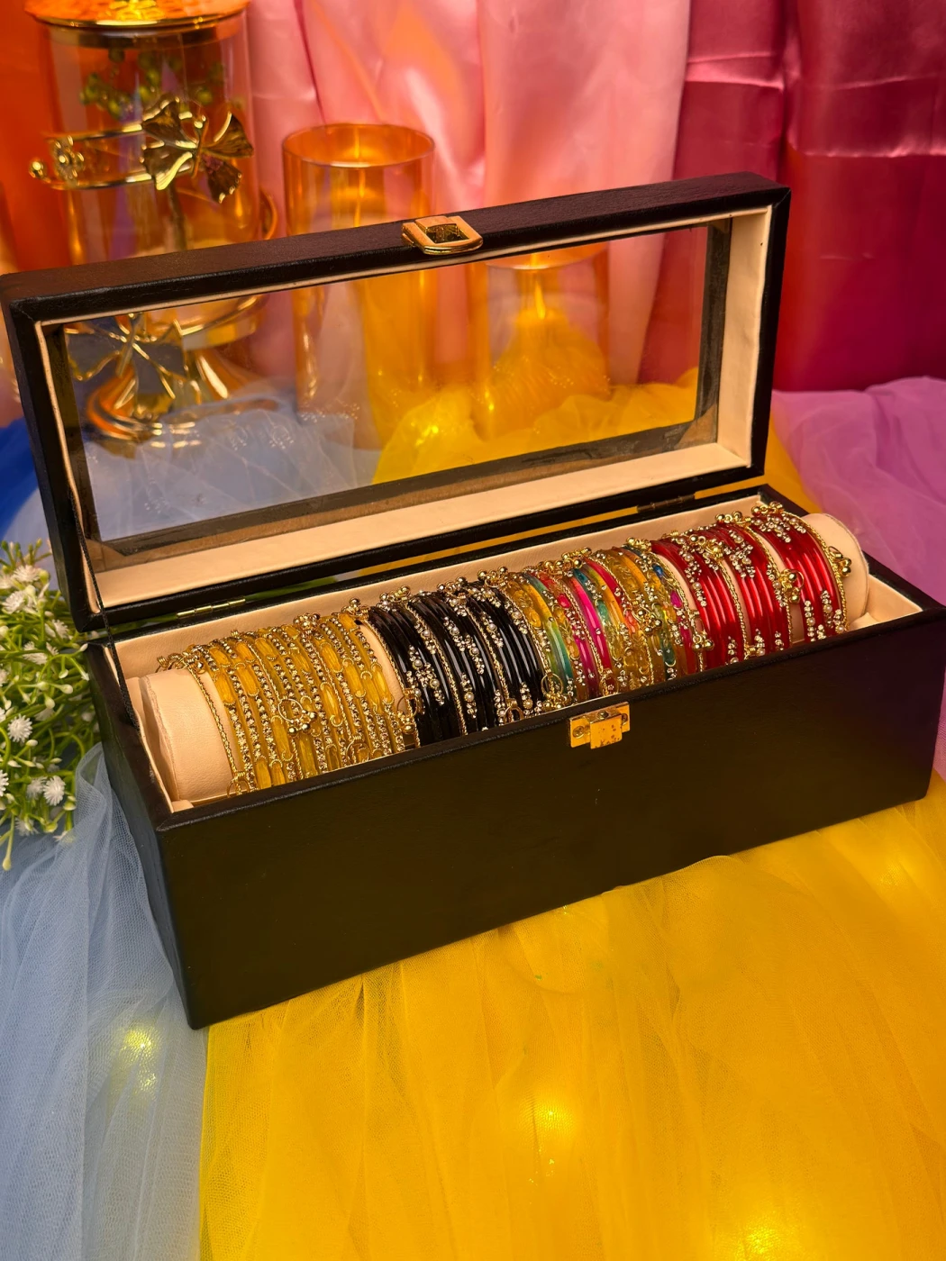 Kashmiri Premium 4 Set Bangle Collection Box – 48 Pcs Original Kashmiri Bangles + 16 Pcs Golden Ghungroo | Luxury Gift Box (Box included ) - 5