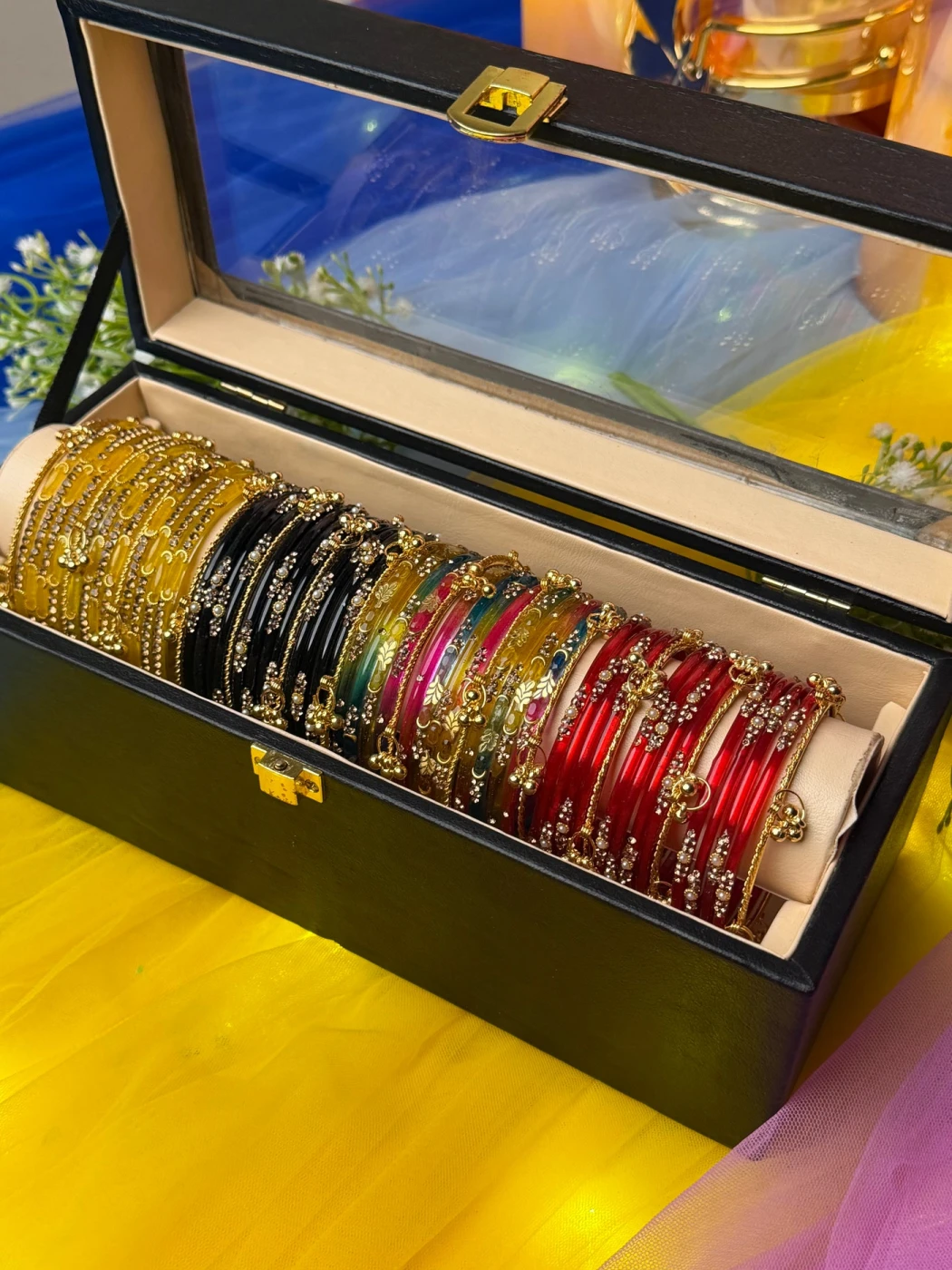 Kashmiri Premium 4 Set Bangle Collection Box – 48 Pcs Original Kashmiri Bangles + 16 Pcs Golden Ghungroo | Luxury Gift Box (Box included ) - 7