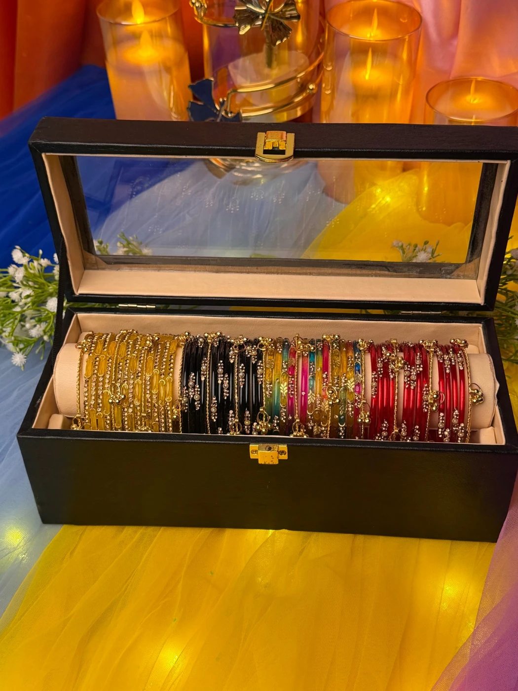 Kashmiri Premium 4 Set Bangle Collection Box – 48 Pcs Original Kashmiri Bangles + 16 Pcs Golden Ghungroo | Luxury Gift Box (Box included ) - 8