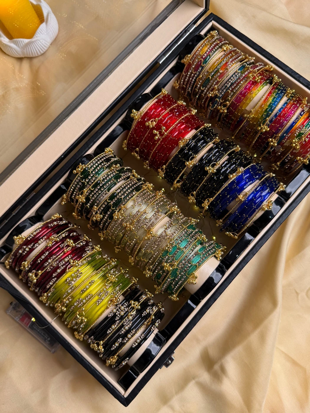 KADAM Premium 4 Row Kashmiri Bangle Gift Box – 144 Pcs Kashmiri Bangles with 48 Pcs Ghungroo | Luxury Wooden Gift Box (Box included ) - 4