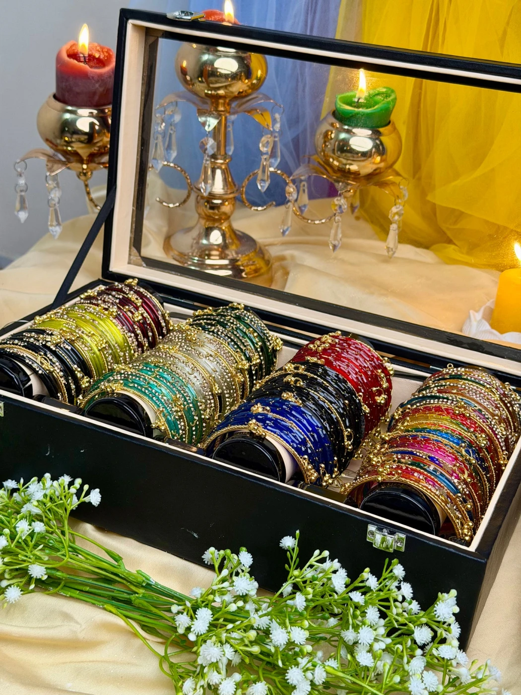 KADAM Premium 4 Row Kashmiri Bangle Gift Box – 144 Pcs Kashmiri Bangles with 48 Pcs Ghungroo | Luxury Wooden Gift Box (Box included ) - 7