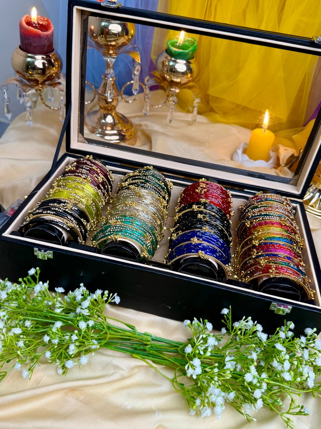 KADAM Premium 4 Row Kashmiri Bangle Gift Box – 144 Pcs Kashmiri Bangles with 48 Pcs Ghungroo | Luxury Wooden Gift Box (Box included ) - 10