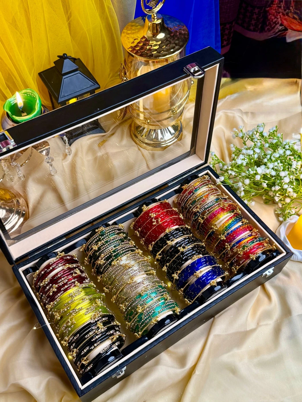 KADAM Premium 4 Row Kashmiri Bangle Gift Box – 144 Pcs Kashmiri Bangles with 48 Pcs Ghungroo | Luxury Wooden Gift Box (Box included ) - 12