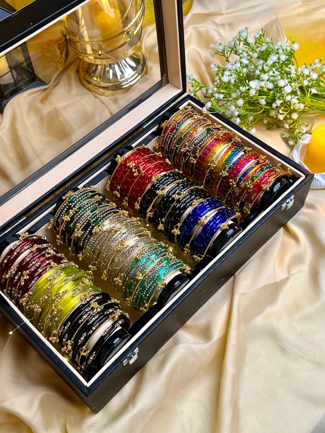 KADAM Premium 4 Row Kashmiri Bangle Gift Box – 144 Pcs Kashmiri Bangles with 48 Pcs Ghungroo | Luxury Wooden Gift Box (Box included ) - 14