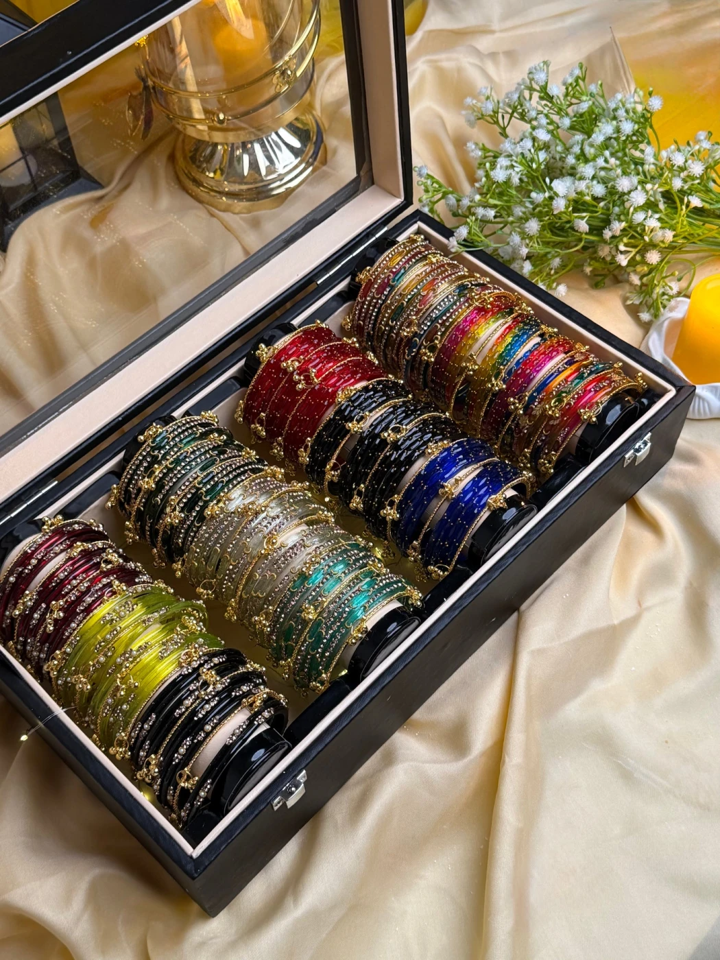KADAM Premium 4 Row Kashmiri Bangle Gift Box – 144 Pcs Kashmiri Bangles with 48 Pcs Ghungroo | Luxury Wooden Gift Box (Box included ) - 15