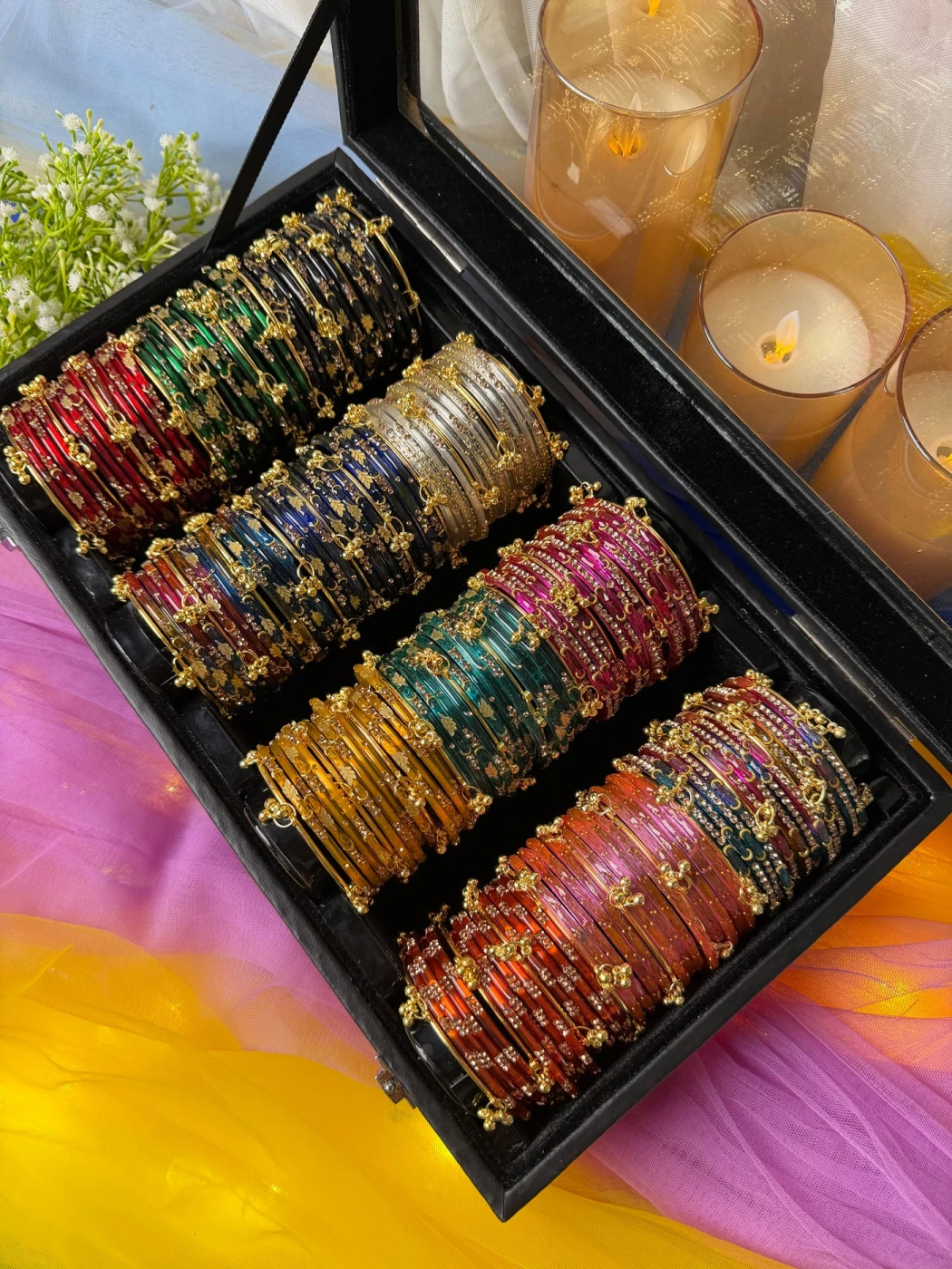 KADAM Premium 4 Row Kashmiri Bangle Gift Box – 144 Pcs Kashmiri Bangles with 48 Pcs Ghungroo | Luxury Wooden Gift Box (Box included ) - 16
