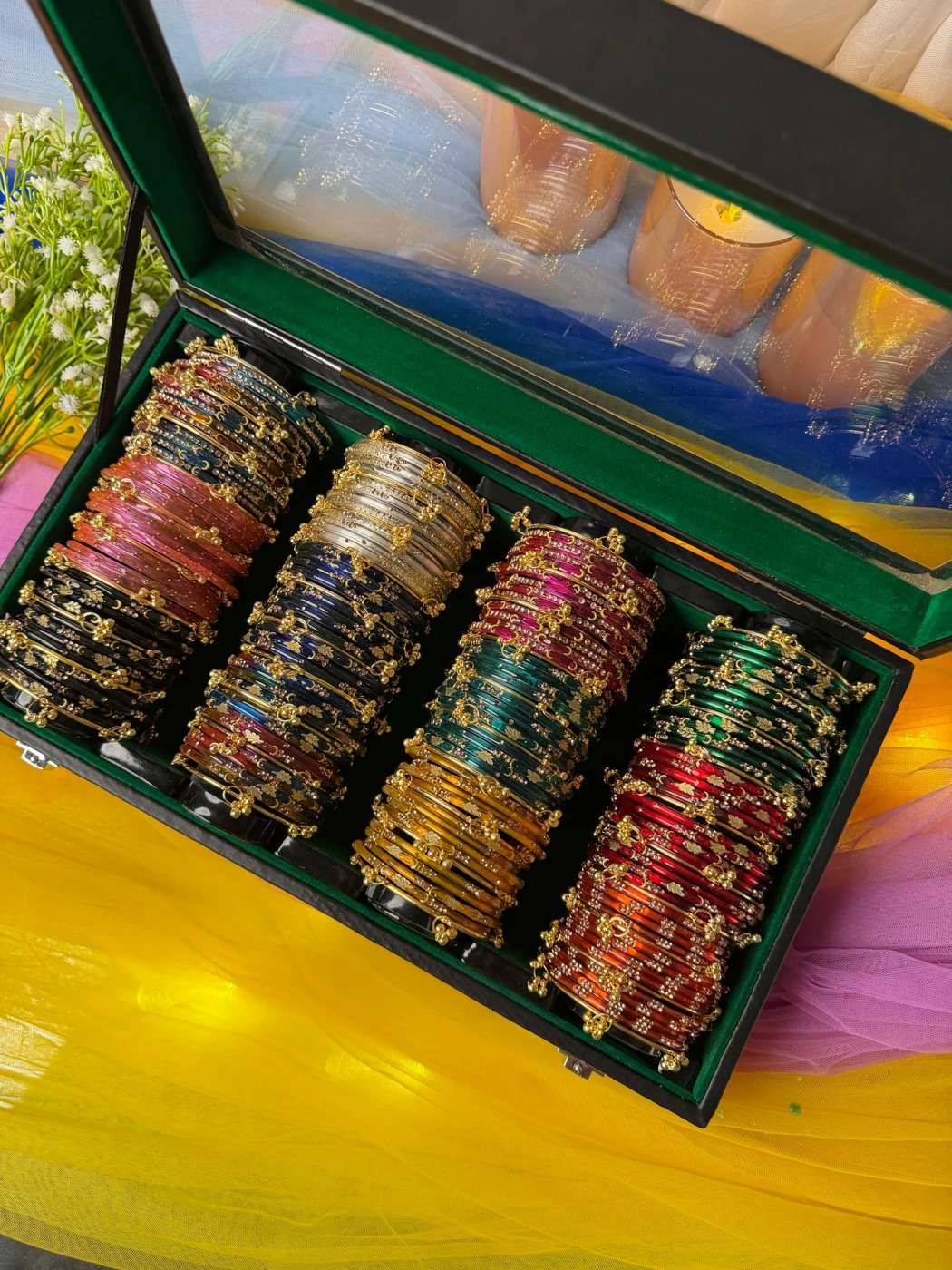KADAM Premium 4 Row Kashmiri Bangle Gift Box – 144 Pcs Kashmiri Bangles with 48 Pcs Ghungroo | Luxury Wooden Gift Box (Box included ) - 17