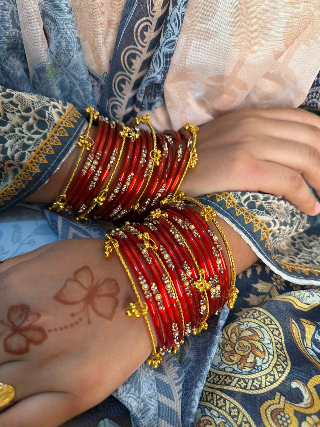 Kashmiri  Jhumka Red Bangle Set - 6
